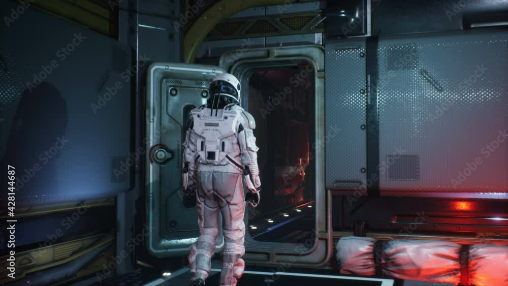 Canvas Prints an interstellar spacecraft astronaut leaves the command room and walks down the corridor. the animat