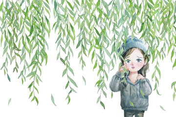 Watercolor willow branches in front of a green crying girl background. 