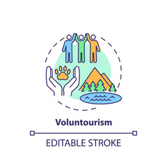 Voluntourism concept icon. Best sustainable tourism practices. Tourist spending vacation helping people idea thin line illustration. Vector isolated outline RGB color drawing. Editable stroke
