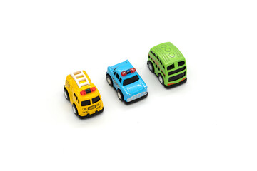 Colourful toy cars isolated on white background.