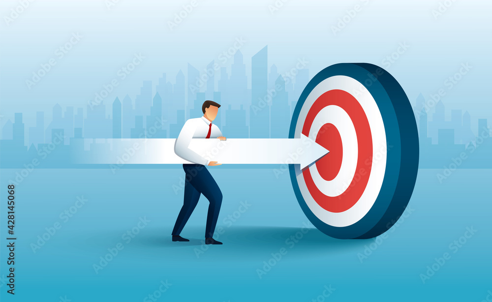 Wall mural Businessman aims with huge arrow. achievement goal. Aim in business concept.