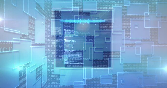 Animation of data processing over digital screens with binar code