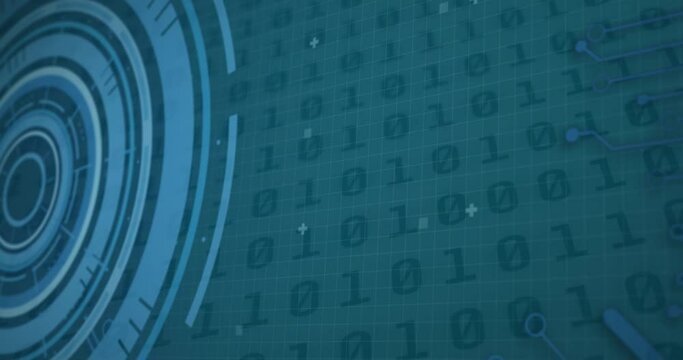 Animation of data processing over digital screens with binar code