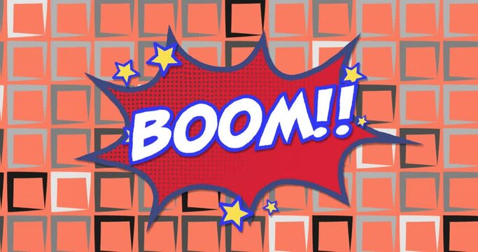 Animation of boom text on retro speech bubble over rows of squares on orange background