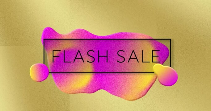 Animation of flash sale text in black frame, pink splodge and gold background