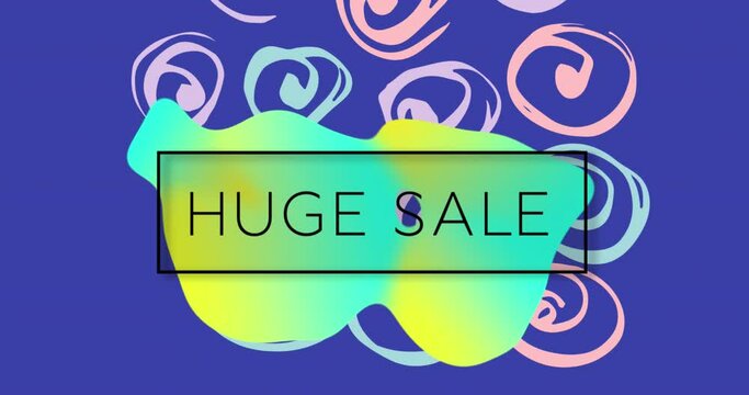 Animation of huge sale text in black frame, green to yellow splodge and blue and pink swirls
