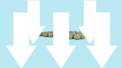 Animation of white arrows pointing down over cardboard boxes on blue background - Powered by Adobe