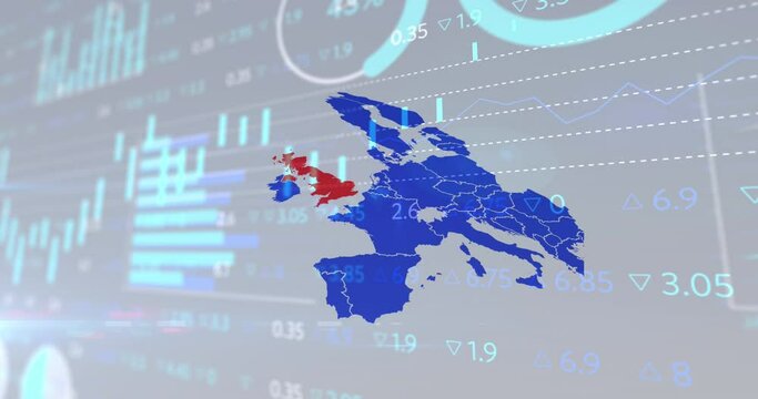 Animation of financial data processing over map of blue europe and red united kingdom