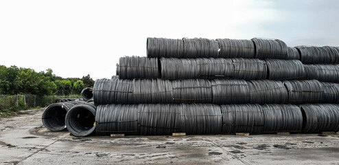Stacked of high carbon wire rod for heavy industry production,Pile of metal steel wire roll for...