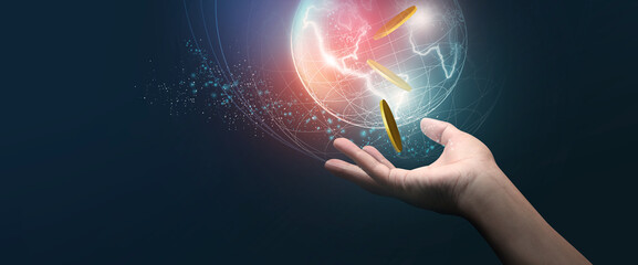 Hand holding a gold coin concept of new ideas with Digital of Virtual analysis of Investment and Bankging in situations disease COVID-19 virus on hands in 3D illustration. Of free space for texts.