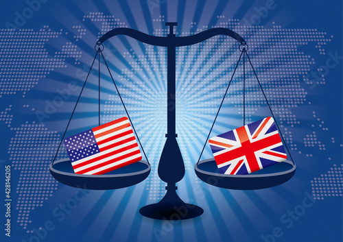 天秤と国旗 アメリカ合衆国とイギリスの国旗 国家対立 国家紛争 国際司法 貿易のイメージイラスト世界地図と集中線の背景 Wall Mural Globeds