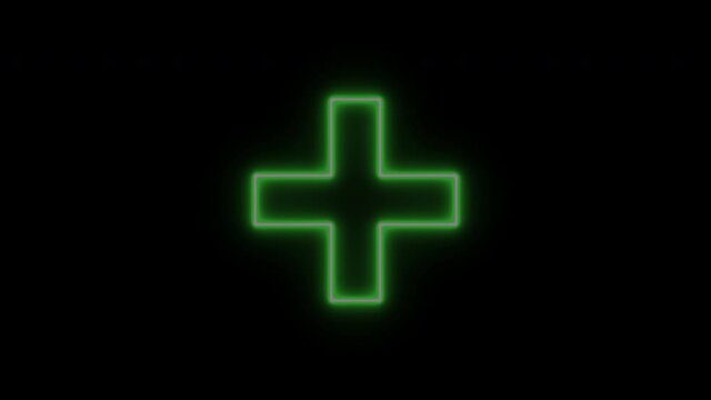 Glowing neon line Cross hospital medical icon isolated on black background. First aid. Diagnostics symbol. Medicine and pharmacy sign. 4K Video motion graphic animation.