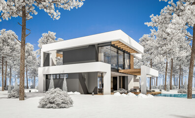 3d rendering of modern cozy house with pool and parking for sale or rent in luxurious style and beautiful landscaping on background. Cool winter day with shiny white snow.