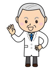 おじいさん03_05（白衣を着た笑顔のおじいさんが指四本を示すポーズ）