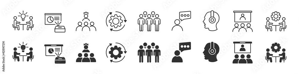 Aufkleber business training and workshop icons collection in two different styles