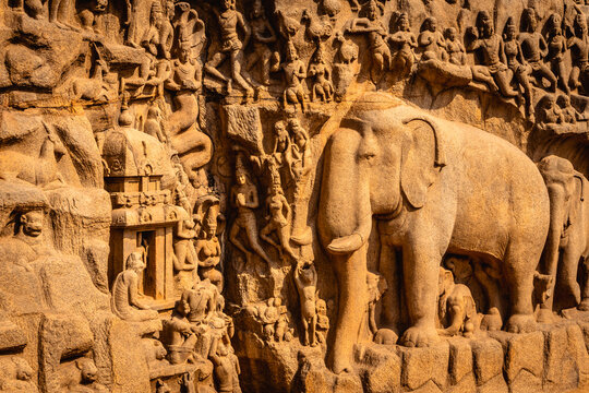 Exclusive Monolithic Rock Carved- Arjuna penance is UNESCO's World Heritage Site located at Mamallapuram or Mahabalipuram in Tamil Nadu, Great South India