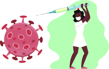 Superhero girl with a vaccine in her hands fights the virus