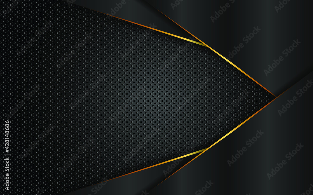 Aufkleber Elegant abstract gray and gold triangular shapes overlapped with multiple layers with golden lines on a dark steel mesh background. Sports technology innovation concept