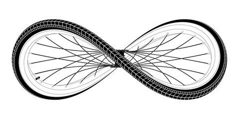 Sport bicycle wheel curved like Infinity sign. Symbol of a cycling lifestyle. Vector tattoo illustration.