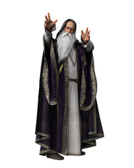 Fototapeta premium 3D illustration of a wise old bearded wizard in purple costume isolated on white.