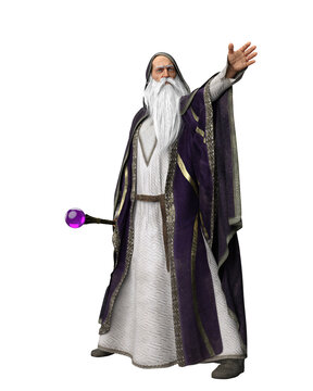 3D illustration of an old bearded wizard in purple costume isolated on white.