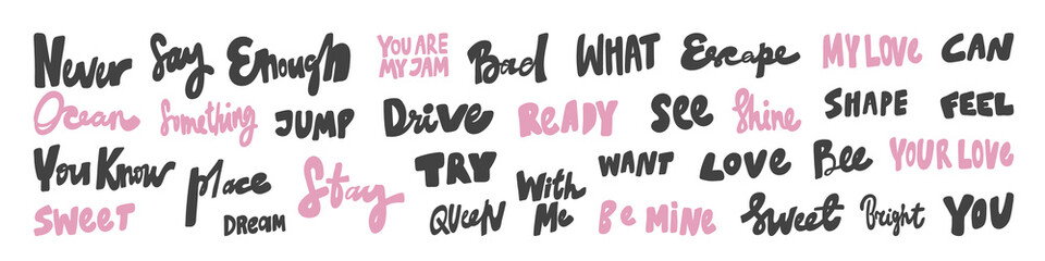 Vector hand drawn collection set of calligraphy lettering quotes and words. Pink and black color