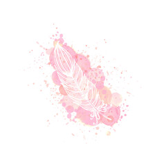 outline feather on watercolor pink effect background. Nude rose brush strokes, drop and splash with doodle feather contour. Design for invitation, card, sale, fashion, wedding. Vector illustration