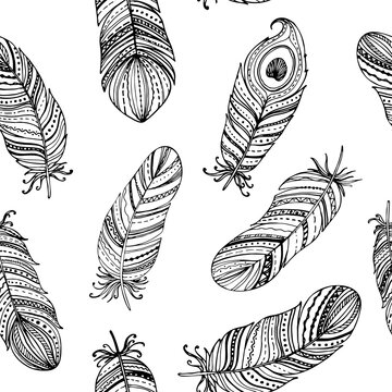 Seamless pattern black and white feathers collection. Floral hand drawn vintage set. Sketch art doodle illustration. Element design for greeting cards and invitations.