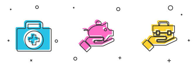 Set First aid kit, Piggy bank in hand and Hand holding briefcase icon. Vector