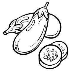 Eggplant isolated on white background. Full Eggplant and slice. Vector hand drawn outline illustration. Ingredient for cooking. Harvest. Farm vegetable.