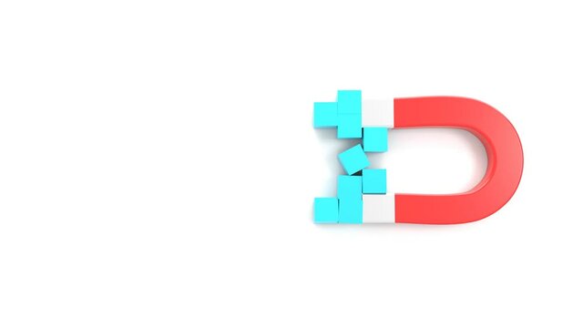 Un aimant en forme defer &agrave; cheval attire les &eacute;l&eacute;ments. Concept de s&eacute;lection. Rendu 3D
