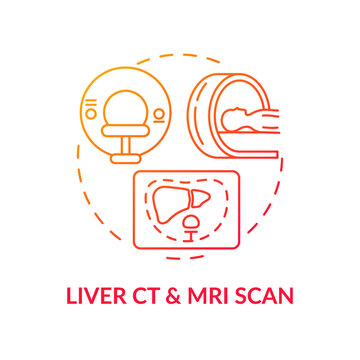 Liver CT And MRI Scan Concept Icon. Liver Cancer Diagnosis Idea Thin Line Illustration. Computed Tomography. Biliary Tract Test. Looking For Blockages, Tumor. Vector Isolated Outline RGB Color Drawing