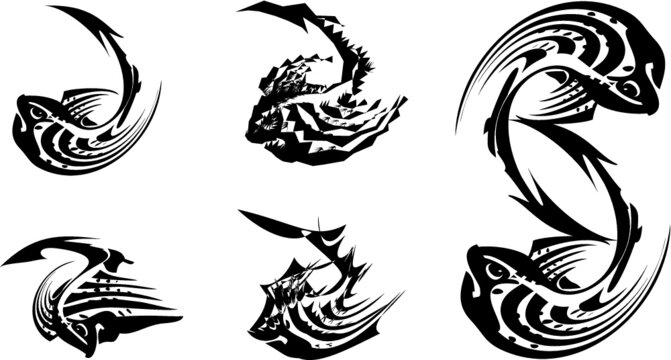 Twirled tribal fish symbols in black and white tones. Fish symbols with elements of arrows for tattoo, embroidery, prints, textiles, business concepts, stickers, emblems, restaurant menu, etc.