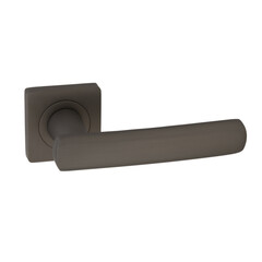 Square door handle in matt graphite color with a yellowish tint on a split base on a white background