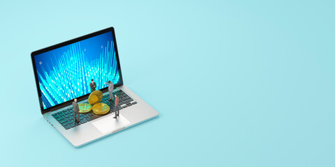 ノートPCと仮想通貨・トレーダーの3Dレンダリンググラフィックス / 電子取引・マイニングのコンセプトイメージ