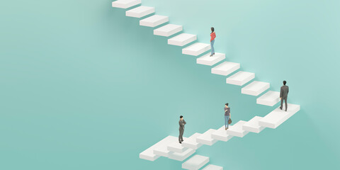 階段を上るビジネスマンの3Dレンダリンググラフィックス / ステップアップ・上昇志向・継続的努力のコンセプトイメージ