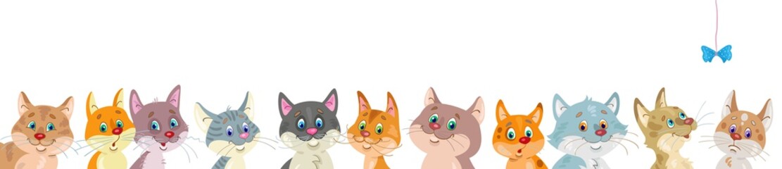 Eleven funny cats of different colors and characters are peeking out of the banner. In cartoon style. Isolated on white background. Place for your text. Vector flat illustration.