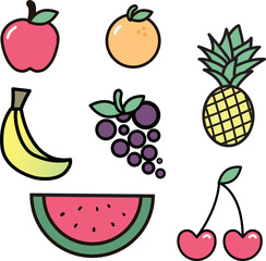 Fruit Doodle Stickers including an apple, orange, watermelon, cherry, pineapple, grape, and a banana. Drawn with fat strokes and bright colors- flat design. 