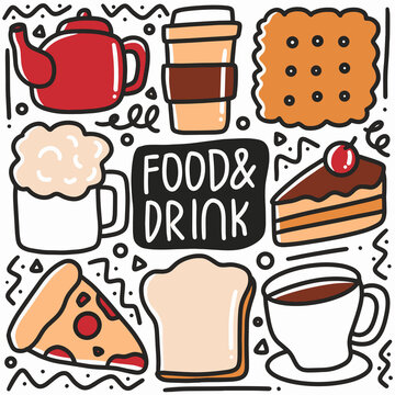 hand drawn food and drink doodle set