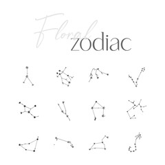 Set of floral zodiac constellations : Aries, Taurus, Gemini, Cancer, Leo, Virgo, Libra, Scorpio, Sagittarius, Capricornus, Aquarius, Pisces. Line zodiac vector. Tattoo style.