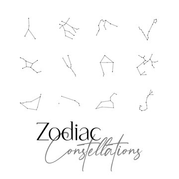 Set of Zodiac constellations : Aries, Taurus, Gemini, Cancer, Leo, Virgo, Libra, Scorpio, Sagittarius, Capricornus, Aquarius, Pisces. Line zodiac vector. Tattoo style.