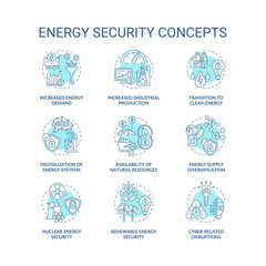 Energy security concept icons set. Access energy resources idea thin line RGB color illustrations. System digitalization. Supply diversification. Vector isolated outline drawings. Editable stroke