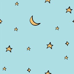 Seamless pattern moon and stars on the night sky