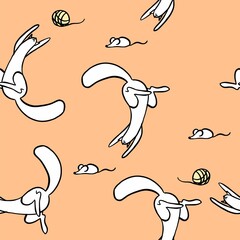 Seamless pattern cats playing with a mouse and a ball of thread