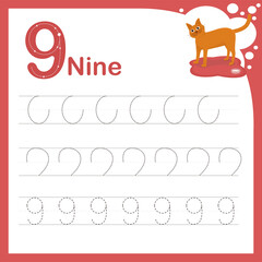 drawing line vector illustration of a children's task for learning numbers. A worksheet with the number nine. Handwriting training