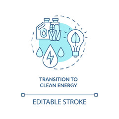 Transition to clean energy concept icon. Energy industry trend idea thin line illustration. Clean-energy economy. Climate change limitation. Vector isolated outline RGB color drawing. Editable stroke