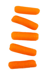 Baby cut carrots isolated on white. Vertical shot. - obrazy, fototapety, plakaty