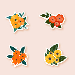 Sticker Style Flower With Leaves Set On Pastel Peach Background.