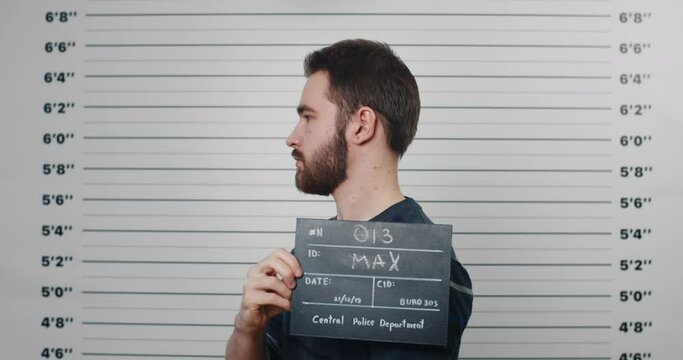 Mugshot of millennial male person turning to sides while holding sign and posing for photo . Crop view of arrested man with beard and mustaches looking to camera in police department.