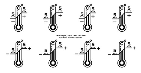 Product packaging labeling - temperature limitation. The thermometer sign with temperature values is a symbol for the storage range of the product. Vector elements.